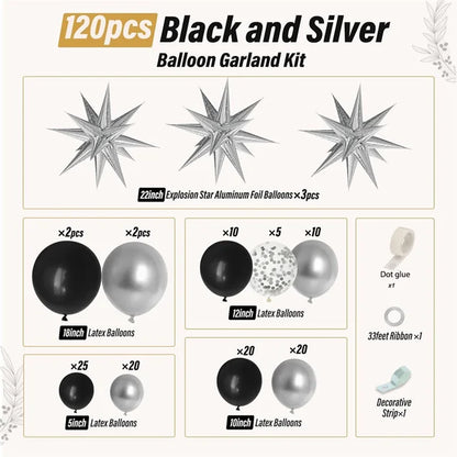 120Pcs Silver and Black Starburst Balloon Set Default Title PillowNap