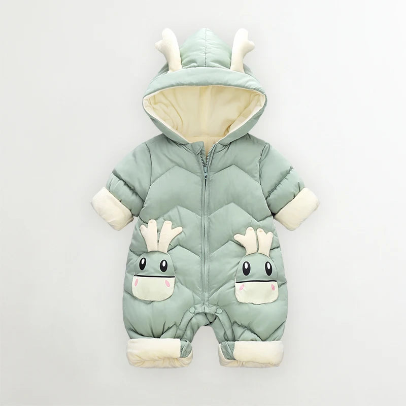 Baby Snowsuit With Deer Ears Green PillowNap