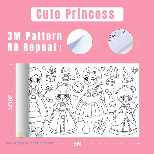 DIY Coloring Paper Roll - 3M/10FT Cute Princess PillowNap
