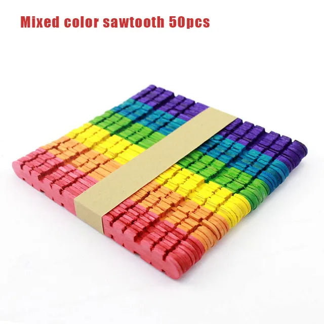 Wooden Popsicle Sticks For Kids DIY Crafts Colorful Sawtooth 50pcs PillowNap